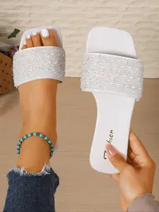 Elegant Women's Flat Sandals with Rhinestone & Pearl Decorations, Summer Casual PU Leather Slippers, Versatile for Various Occasions, Fashionable Glitter Sandals