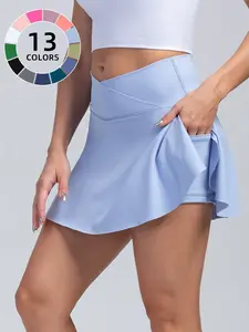 Summer Tennis Skirt Pure Color Lulu Pleated Anti-Slip Sports Short Dress Inner Pocket Fake Two-Piece Yoga Skirt for Women Athletic Skort Breathable Skorts Sporty Breathable Skorts Activewear All Day Skort
