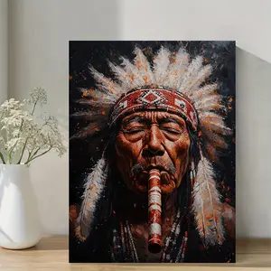 1pc Native American Peace Pipe Canvas Art Print - 11.8x15.7inch Handcrafted with Vibrant Colors, Intricate Details & Natural Wood Frame - Rustic Cultural Wall Decor for Living Room, Office, or Study, Earthy Tone Artwork, Office Artwork