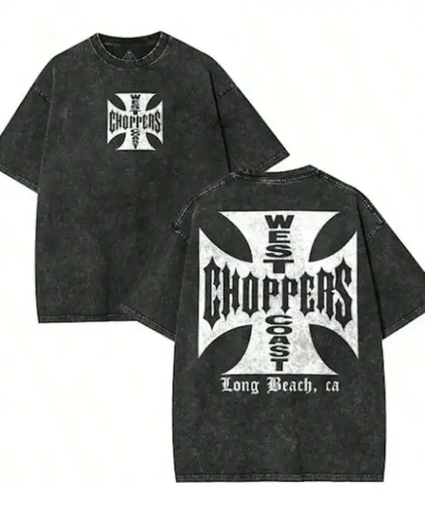 West Coast Choppers T-shirt featuring double-sided prints and washed cotton fabric. Comfortable, versatile, and casual—perfect for work, school, or outings. Retro street style; unisex design.