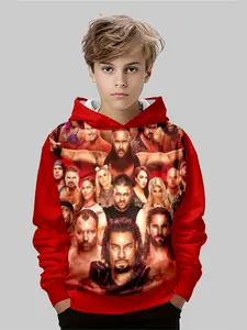 Boys' Wwe Star Hoodie Full-Print Wrestling Stars Top, Spring & Fall Casual Fitted Sweatshirt, Trendy Cool, Graphic Hoodies