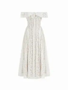 Lace Off-Shoulder Knotted Flared Maxi Dress