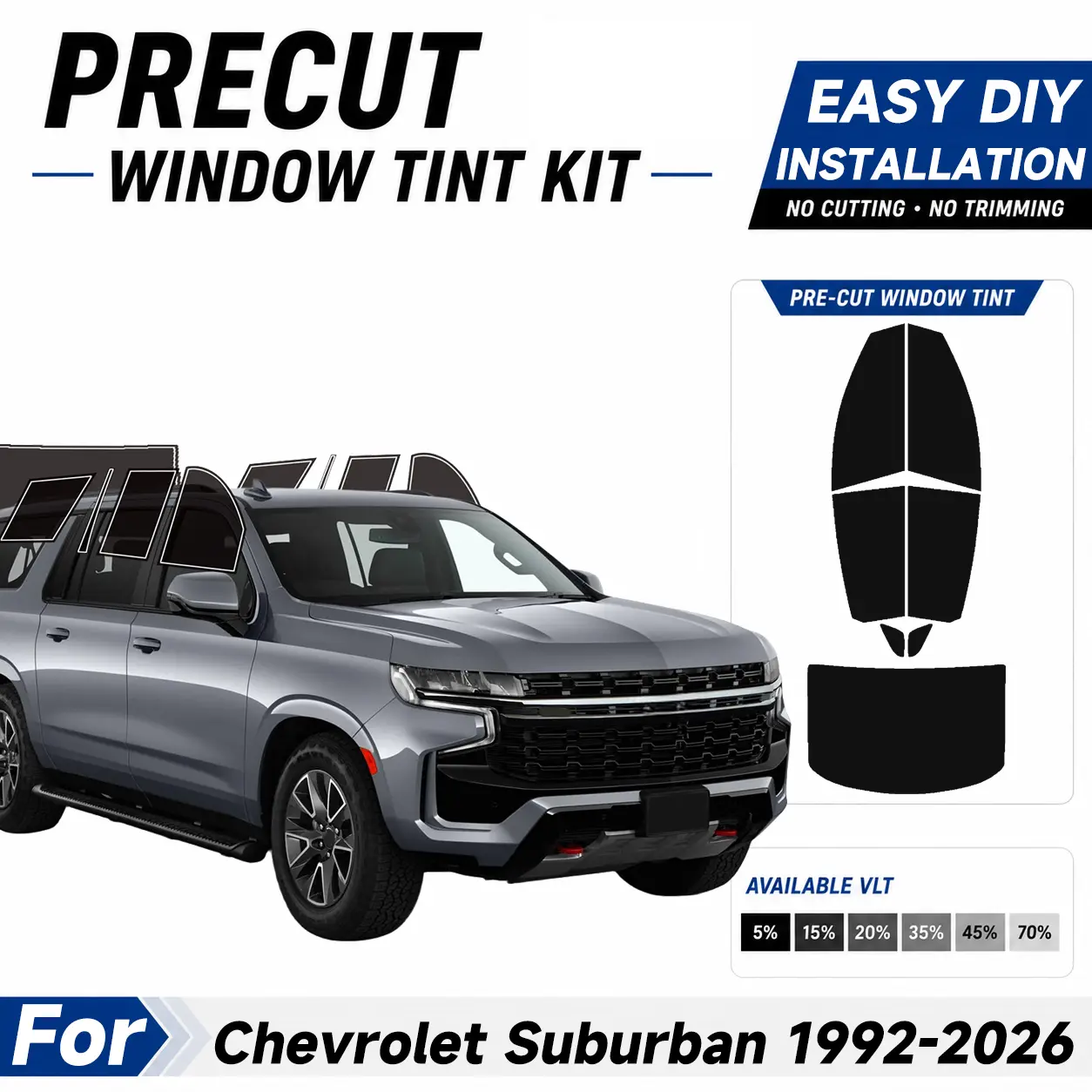 Automotive Custom Size Precut Window Tint - Easy to Apply Installation Pre Cut Tint Kit, Sun protection UV Protection & Car For Chevrolet Suburban 1992-2026