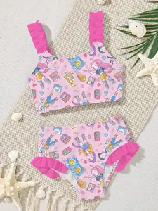 Girls' Two-Piece Swimsuit Set, Cartoon Print Bikini, Summer Beach Vacation Swimwear, Cute Ruffle Swimwear, Swimwear Sets