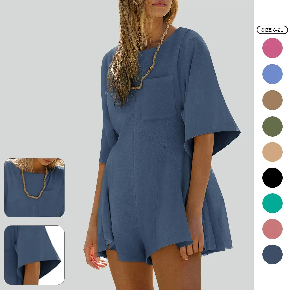 Imily Bela Women's Baggy Cotton Overalls Jumpsuits & Rompers - Basic Short-Sleeve Crew Neck, Multi-Size, Pocketed Casual Loose-Fit Summer Straight-Pocket Clothes