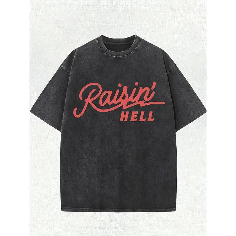 Men's Heavy-Duty 100 Cotton Clothing T-Shirt, Vintage Washed 'Raisin Hell' Pattern Print, Round Neck, Short Sleeve, Casual All Seasons Easy Care Shirt, Machine Washable