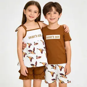 Kids' Cotton Vest & Embroidered Duck Strap Brown Casual Shorts Set - Summer Daddy's Girl/Daddy's Boy Cute Fashion Outfit, All-Season Kids' Clothing Set