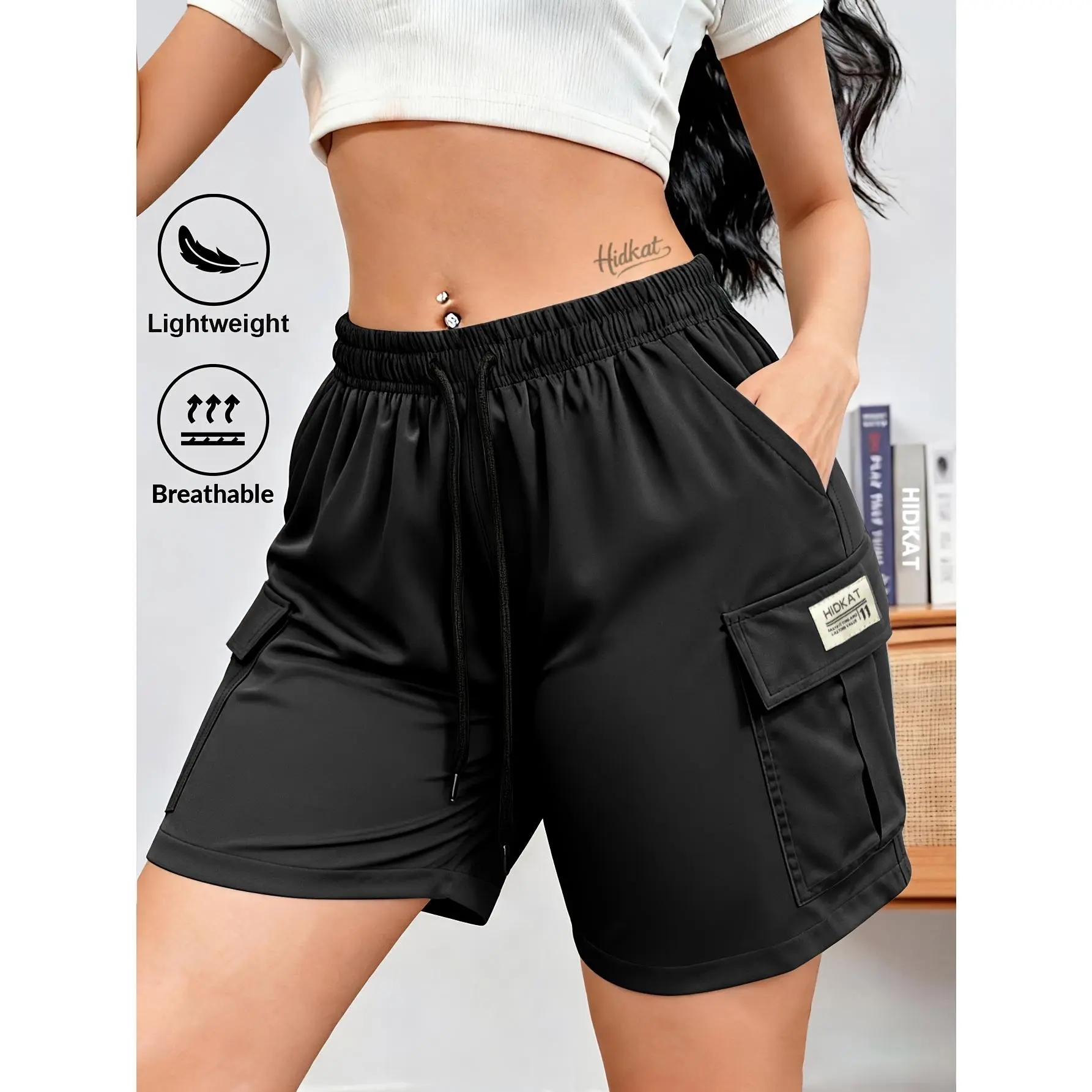 Women's 5-in Cargo Sports Shorts - Bottom, Lady's Fitted Basic Casual Wear, Drawstring Waist, Multiple Pockets, Multiple Colors, Suitable for Summer Work & Casual Everyday Use, Cargo Shorts, Outdoor Women's Sports Shorts
