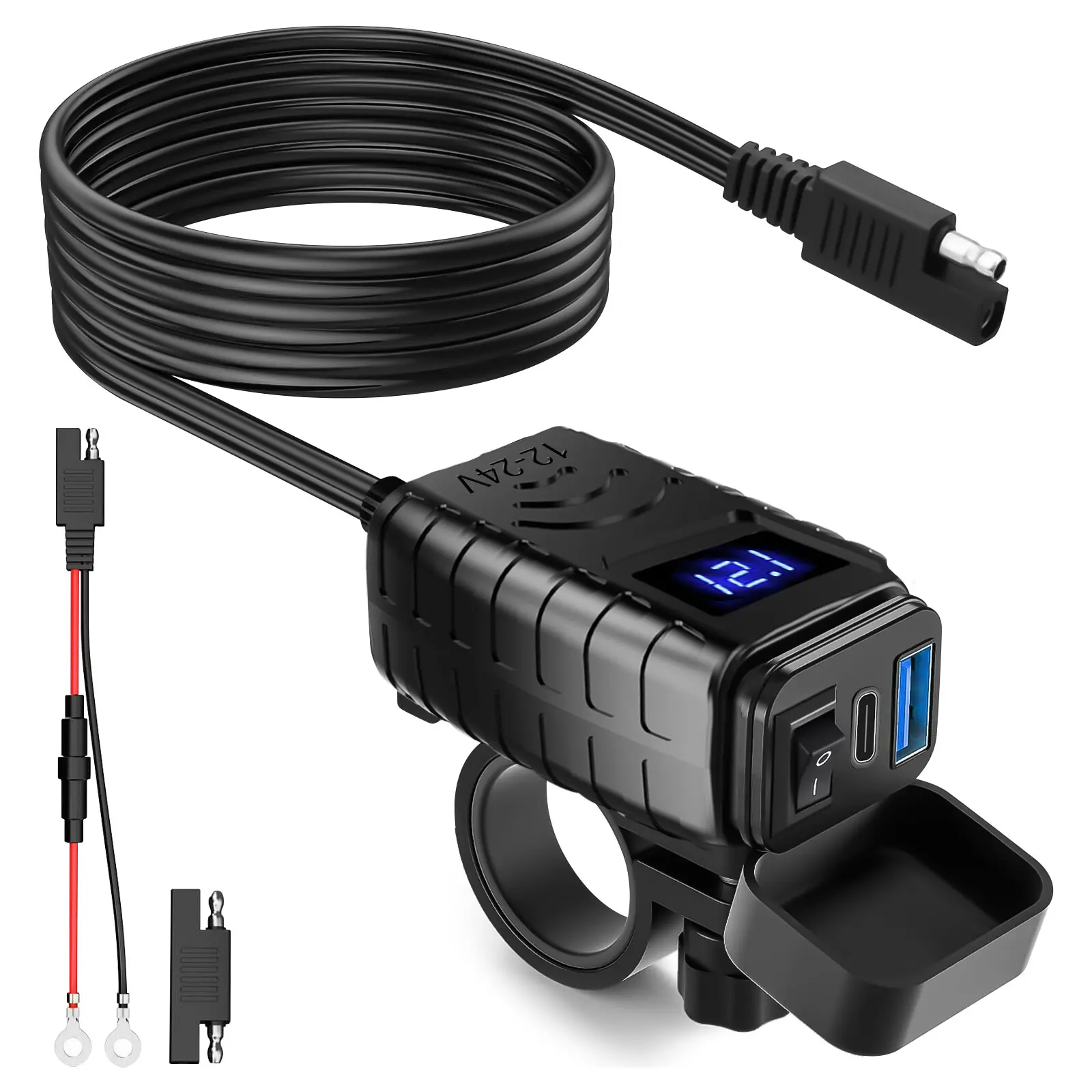 Motorcycle Dual USB Phone GPS Charger Adapter, Moto Accessories, Waterproof LED PD & QC 3.0 Super Fast Charging with Real-Time Voltmeter Display