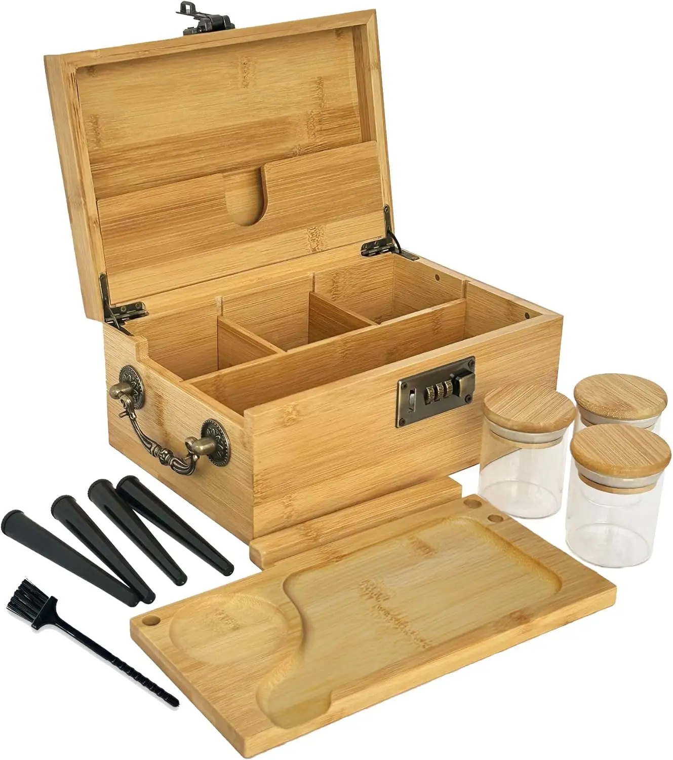 Large Bamboo Storage Box with Combination Lock & Accessories -Premium Stash Box Organizer Set with Handle & Removable Tray, Bamboo Smell Proof Container Home Decorative Box for Gift Birthday Christmas