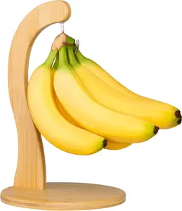 Golden Nature 2-Layer Rectangle Bamboo Banana Holder with Stainless Steel Hanging Hook - Rustic Wooden Fruit Hanger Stand for Kitchen Countertop - Extends Banana and Fruit Freshness