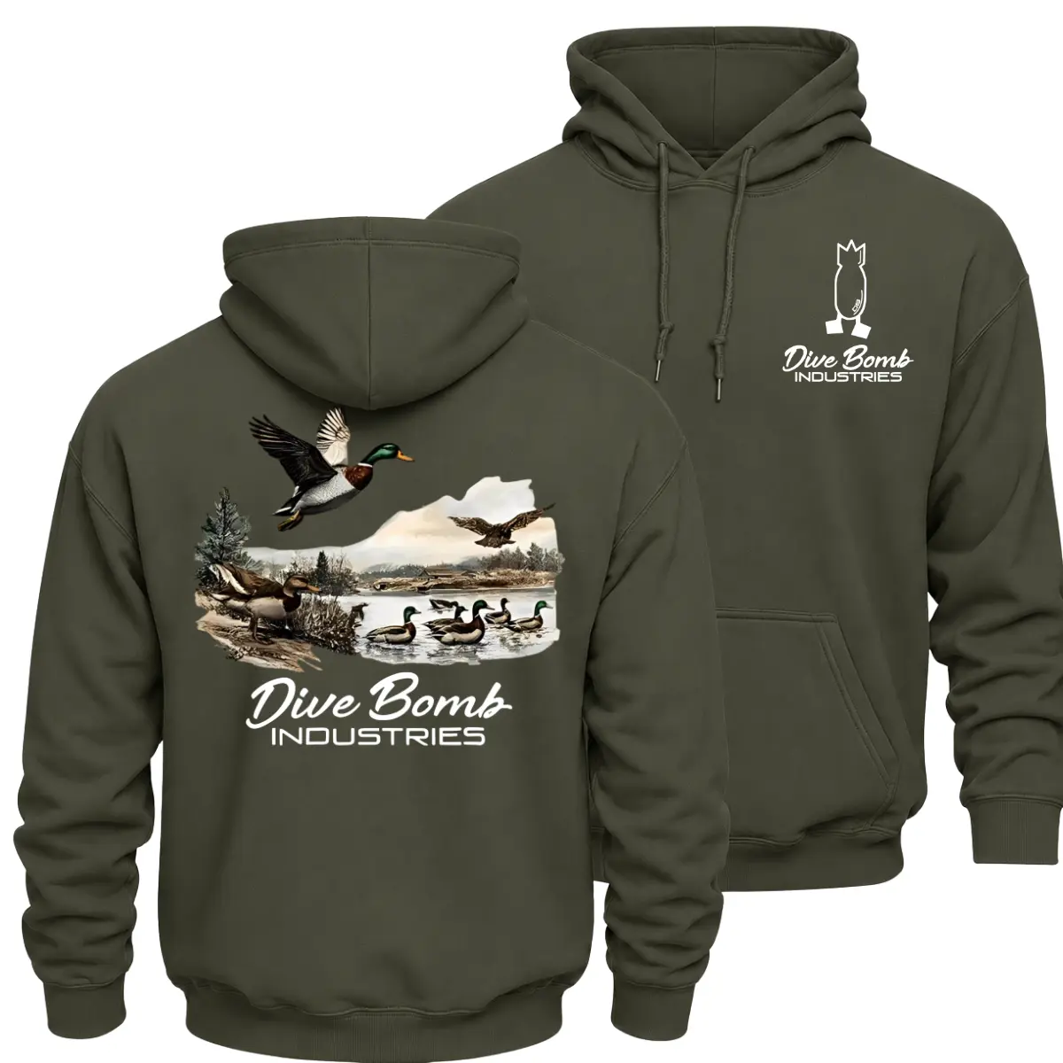 Dive Bomb Industries Duck Hunting Hoodie, Flying Mallard Marsh Graphic Pullover, Front Chest Logo and Large Back Print Waterfowl Hunter Apparel, Classic Southern Outdoor Hunting Gift for Men and Women