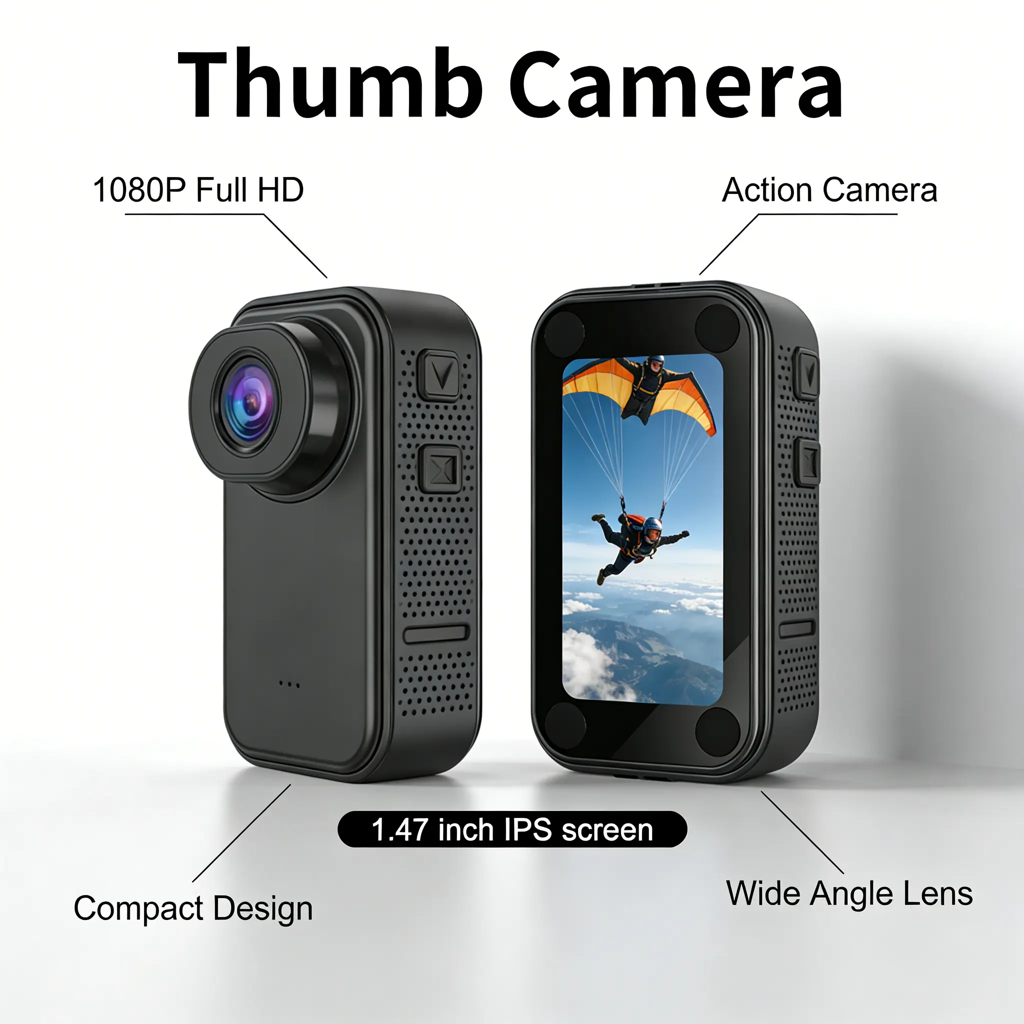 Mini Portable Action Cam - 1.47-in HD IPS Display, 1080P, 120° Wide-Angle Glass Lens, Magnetic Neck Strap Mount, Compact Dual-Camera System, CMOS, Digital Zoom, USB & AVI Support, Live View, Not Water Resistant, Sports/Vlogging Camera for Outdoor Cycling