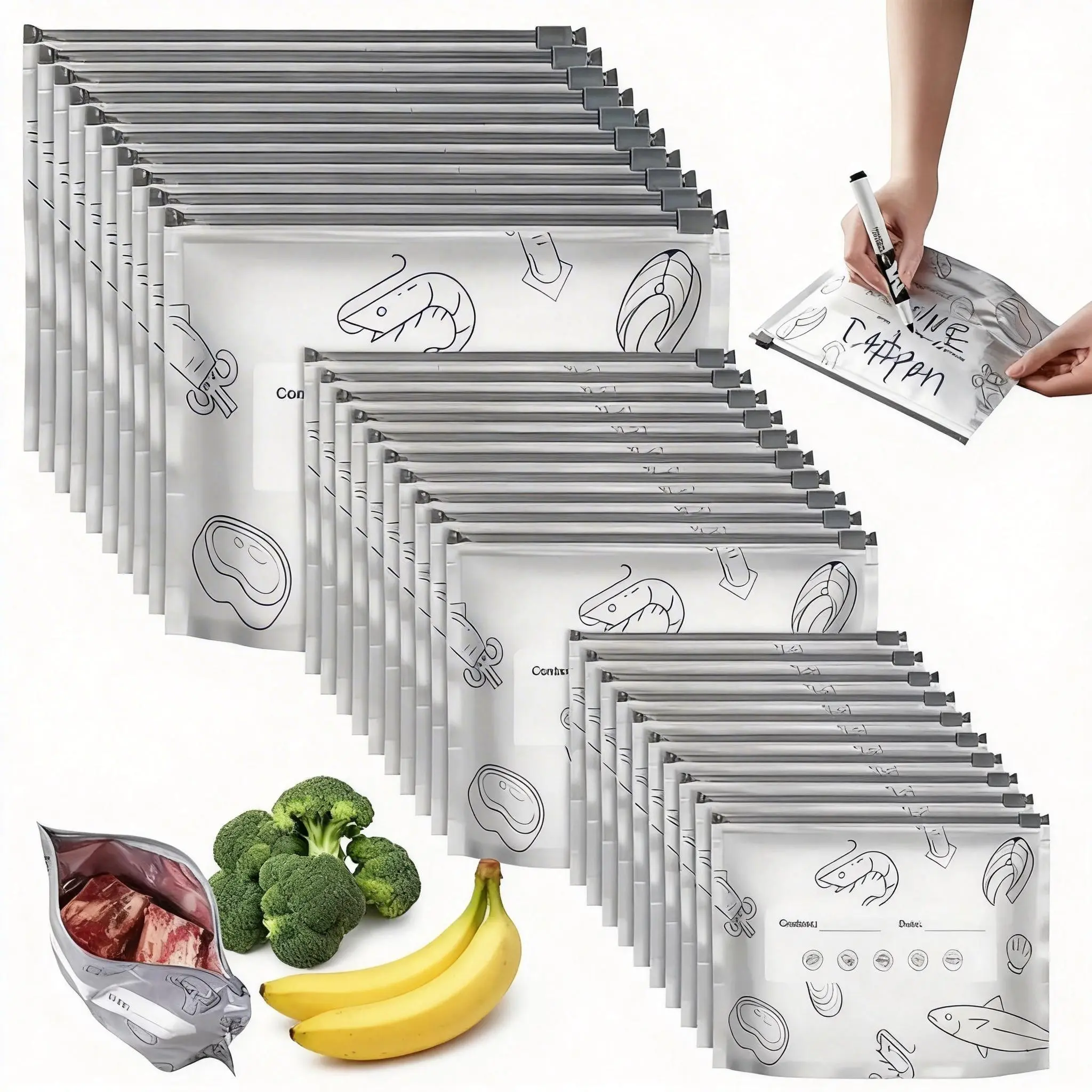 (30/60/90 PCS) Reusable Stand-Up Aluminum Foil Food Storage Bags with Labels - Thickened Leak-Proof Zipper Bags for Fridge & Pantry Organization, Washable Meal Prep Bags