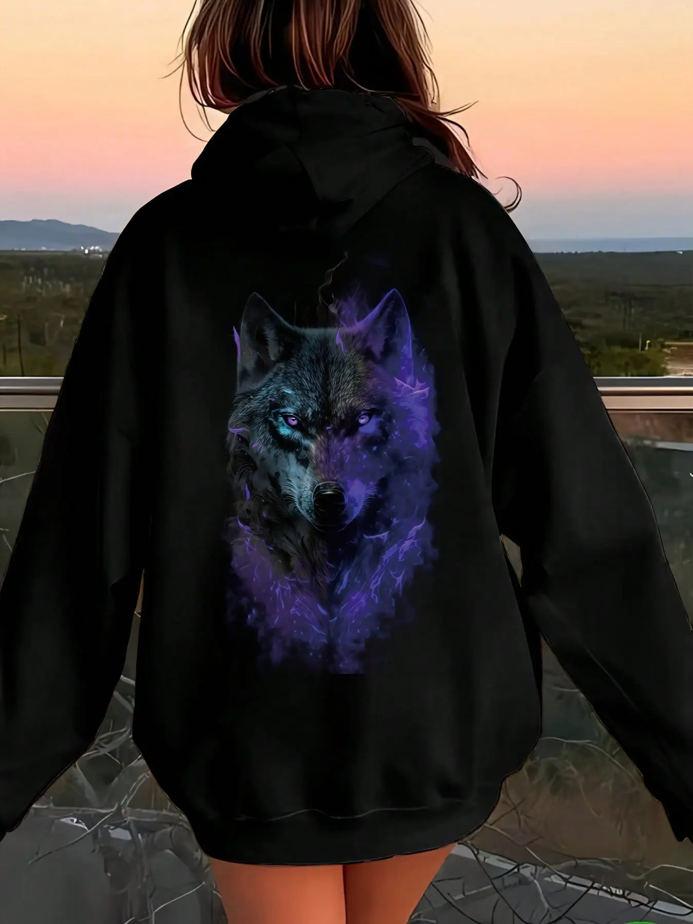 Women's Purple Flame Wolf Print Long Sleeve Hoodie Sweatshirt - Lady's Women's Clothes, Fantasy & Character-Themed Hoodies, Soft Fabric, Sizes S-3XL, 1-Piece for Wolf Enthusiasts, Everyday Wear