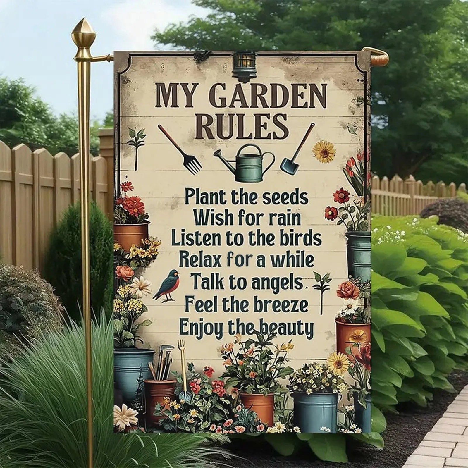 My Garden Rules Vintage Wood Background Gardening Tool Bird Potted Flower Plant Lover Garden Flag Double-Sided 12x18in, Rustic Gardener Patio Decor Flag