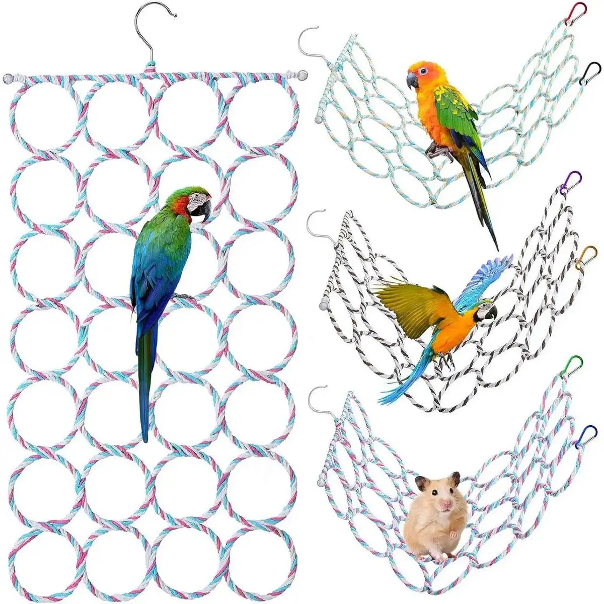 Bird Rope Climbing Ladder Hanging Swing Perch Toy for Parakeets Cockatiels Conures Lovebirds Random Color Natural Wood Cotton Rope Safe Easy Install Cage with Stand