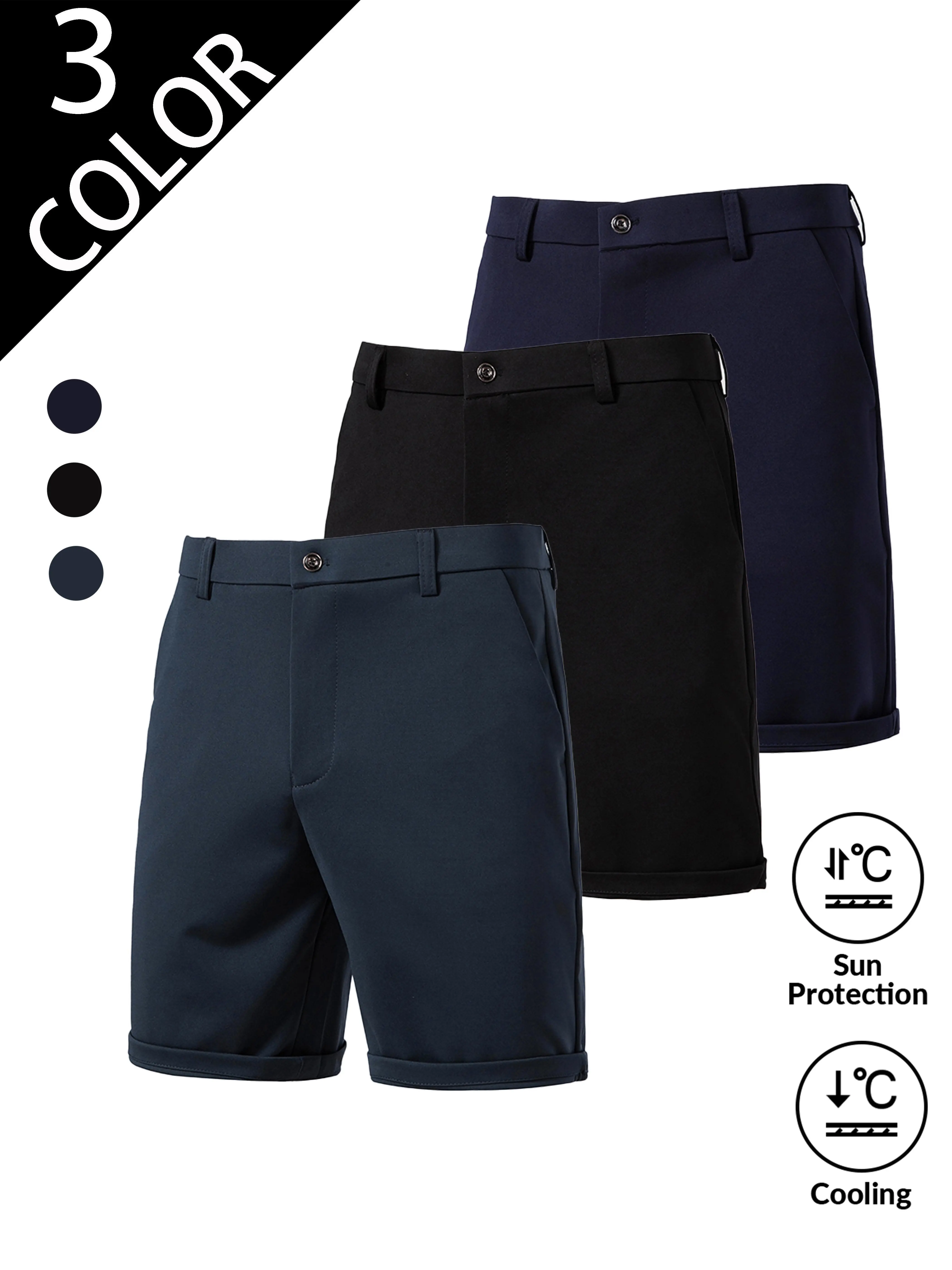 Men's Ice Silk Chino Roll-Cuff Bermuda Shorts - Wrinkle-Free, Quick-Dry, Business Casual Dress Shorts with Pockets, Elastane, Plain Solid, Customizable Regular Sizes for Summer (Black, Navy, Dark Grey)