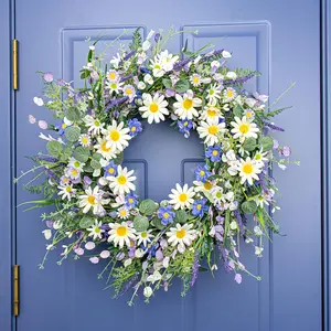 22-Inch Spring Wreaths for Front Door Outside Blue Lavender Wildflower Floral Wreath Large Summer Porch Decor Modern Farmhouse Boho Cottagecore Artificial Flowers Mother's Day Gift Welcome Sign Patio Window Garden Everyday Decor Handmade Look
