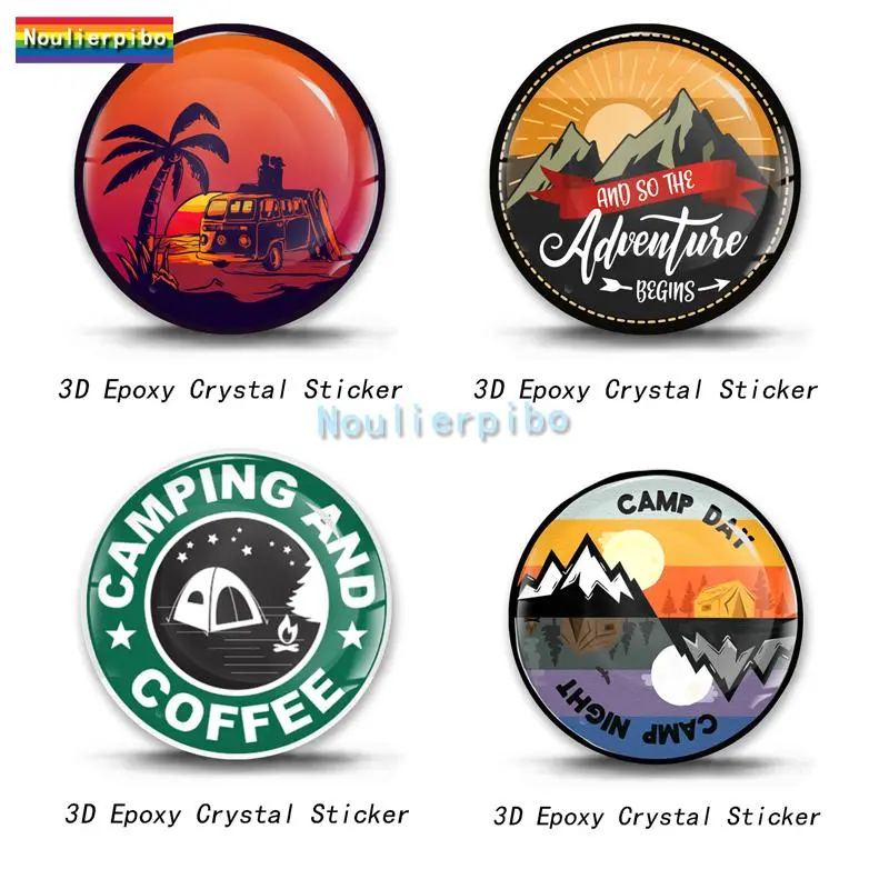 2026 New 3D Creative Stereo Dome Sticker Epoxy Adventure Awaits Decal Die Cut Vinyl Camping Car Decoration Motorcycle Helmet Piano Decal For your Cars