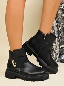 New Fall Winter Women's Short Boots, Side Zipper Metal Buckle Decor, Fashionable Plain Design, Slimming Flat Heel Shoes