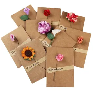 Dried Flower Design Kraft Paper Cards, 5 Counts/set DIY Card Set Creative Greeting Cards, Holiday Blessing Cards for Birthdays & Weddings & Anniversaries