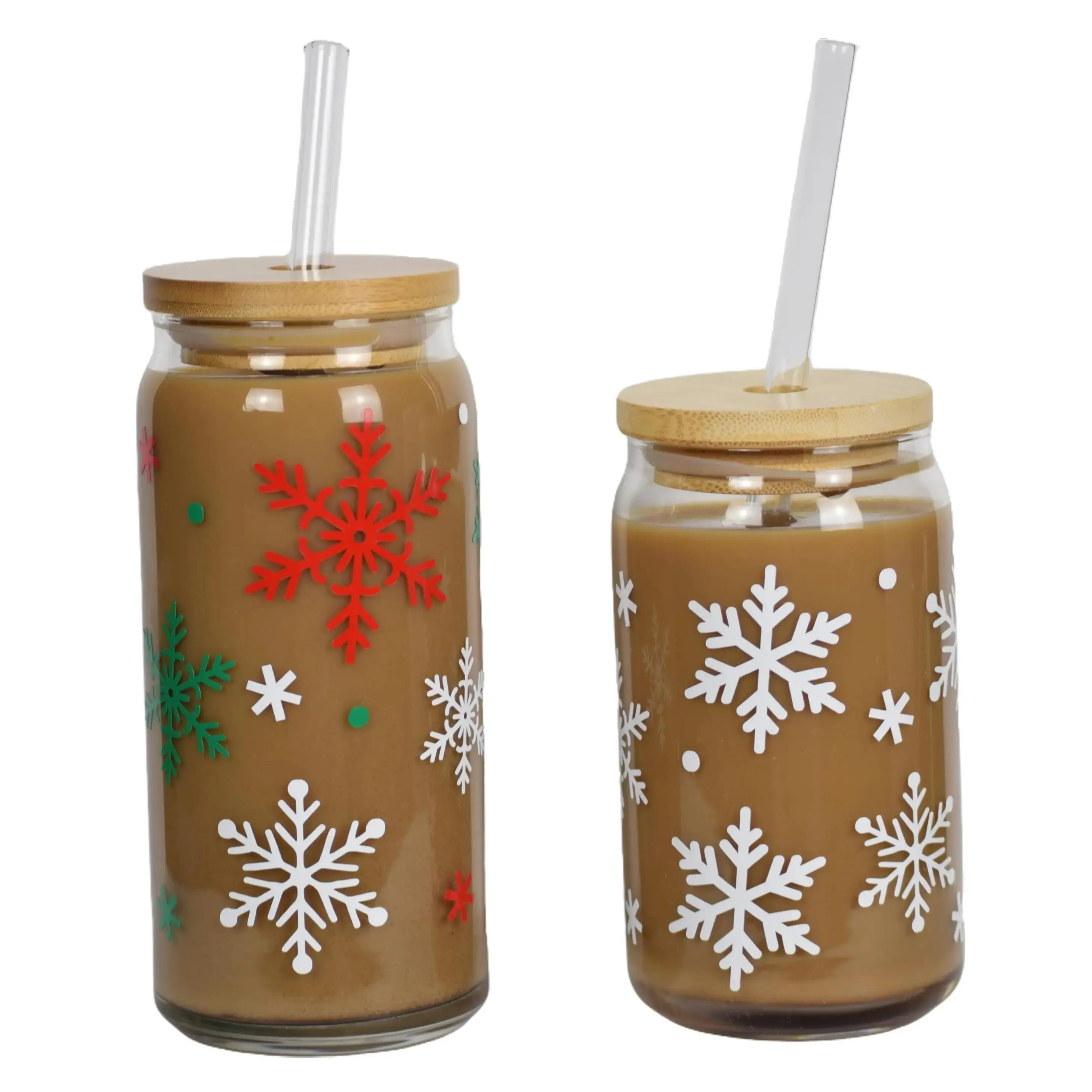 Winter Snowflakes Iced Coffee Cup, Cute Holiday Drinkware, Xmas Cold Brew Mug, Glass Beer Can, Christmas Themed Reusable Tumbler with Lid and Straw