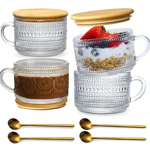 Vintage - Style Glass Tea Cups (4/8pcs) | 14 Oz with Bamboo Lids & Spoons | Perfect for Coffee & Latte | Aesthetic Serving Drinkware