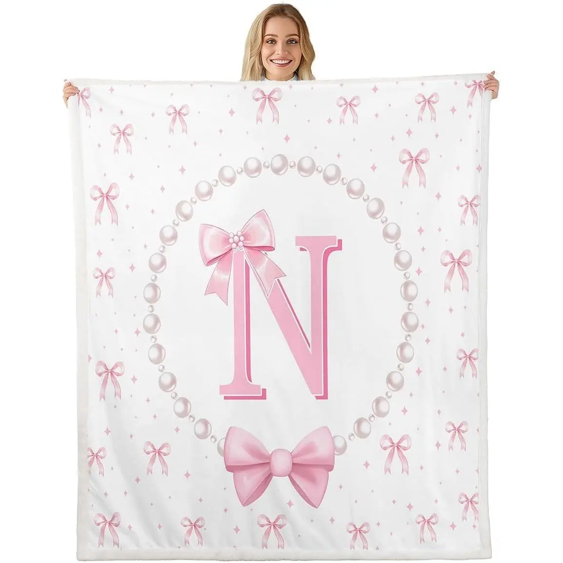 Pink Bow Tie Blankets Throws - Initial Letter N Bows Blanket Throw Women,Monogram Cute Pink Bowknot Fleece Blanket,Aesthetic Bowtie Bedroom Room Decor