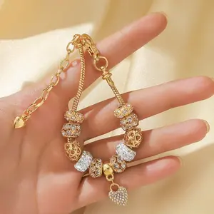 Women's Gold Plated Heart Charm Bracelet Sparkling Rhinestone Beaded Snake Chain Adjustable Fashion Jewelry for Dating Party Travel Festival Gift