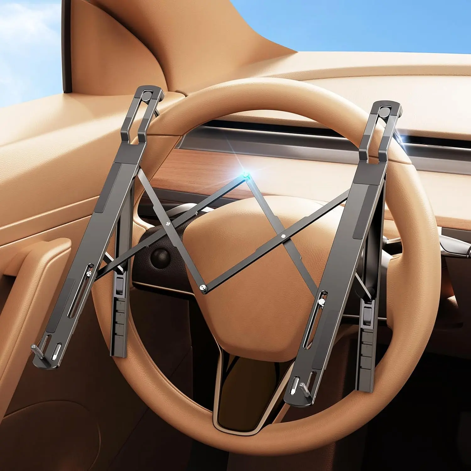 Car Laptop Mount Steering Wheel Tray Holder, Height Adjustable Car Desk for Laptop Computer Tablet, Foldable Portable Lap Laptop Stand for Car Vehicle Workstation Accessories Truck SUV Tesla