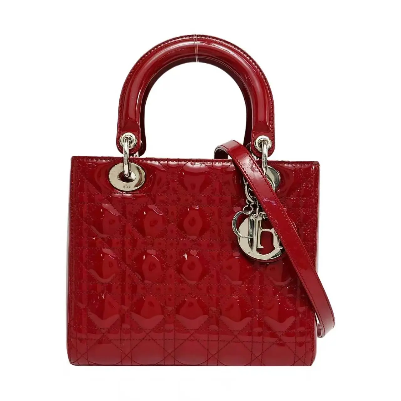 Pre-owned Dior leather Crossbody Bags Medium Lady Burgundy Patent Calf Cannage Quilted Handbag Shoulder Crossbody Bag Silver D I O R Charm Hardware With Detachable Strap For Women