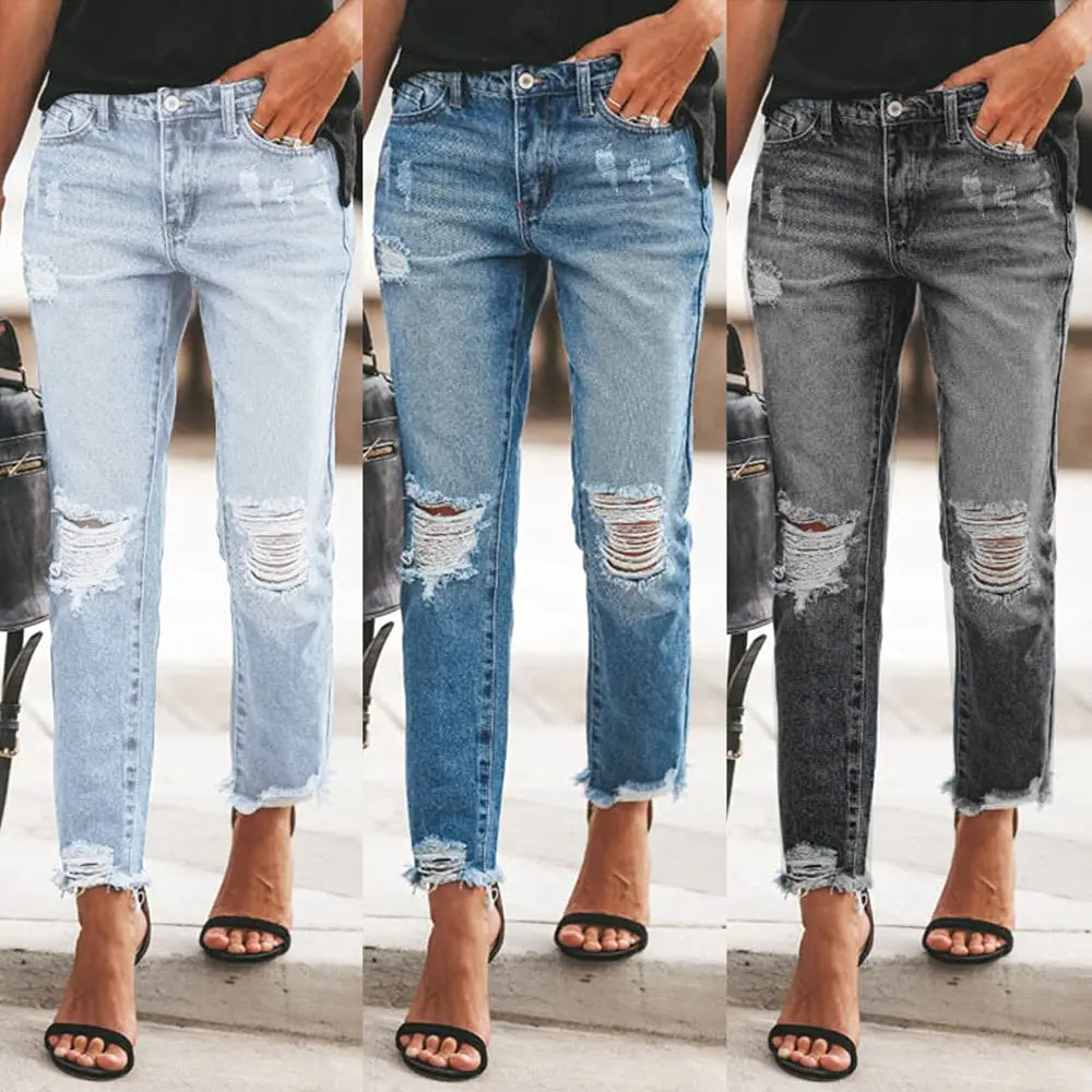 Women's Boyfriend Jeans Stretchy Ripped Distressed Denim Pants S-2XL