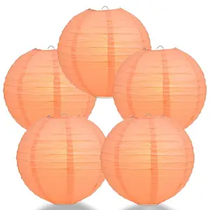5-PACK 6" Peach / Orange Coral Round Paper Lantern, Parallel Ribbing, Chinese Hanging Wedding & Party Decoration