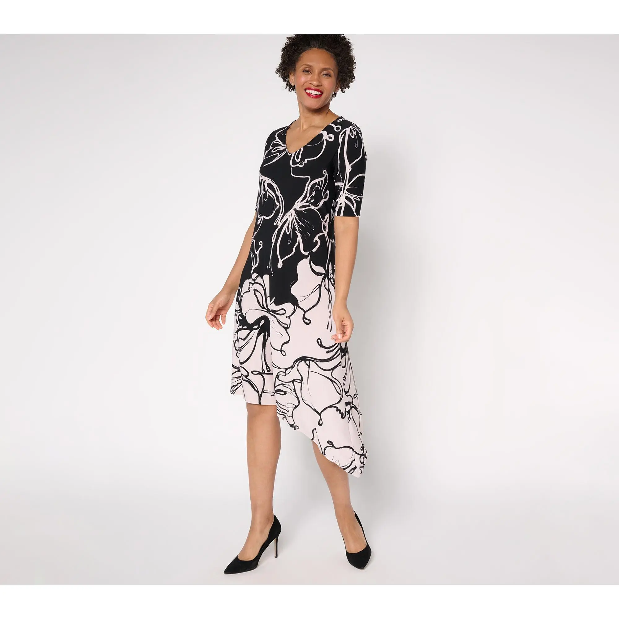 Dennis Basso Petite Printed Caviar Crepe Dress w/ Asymmetric Hem