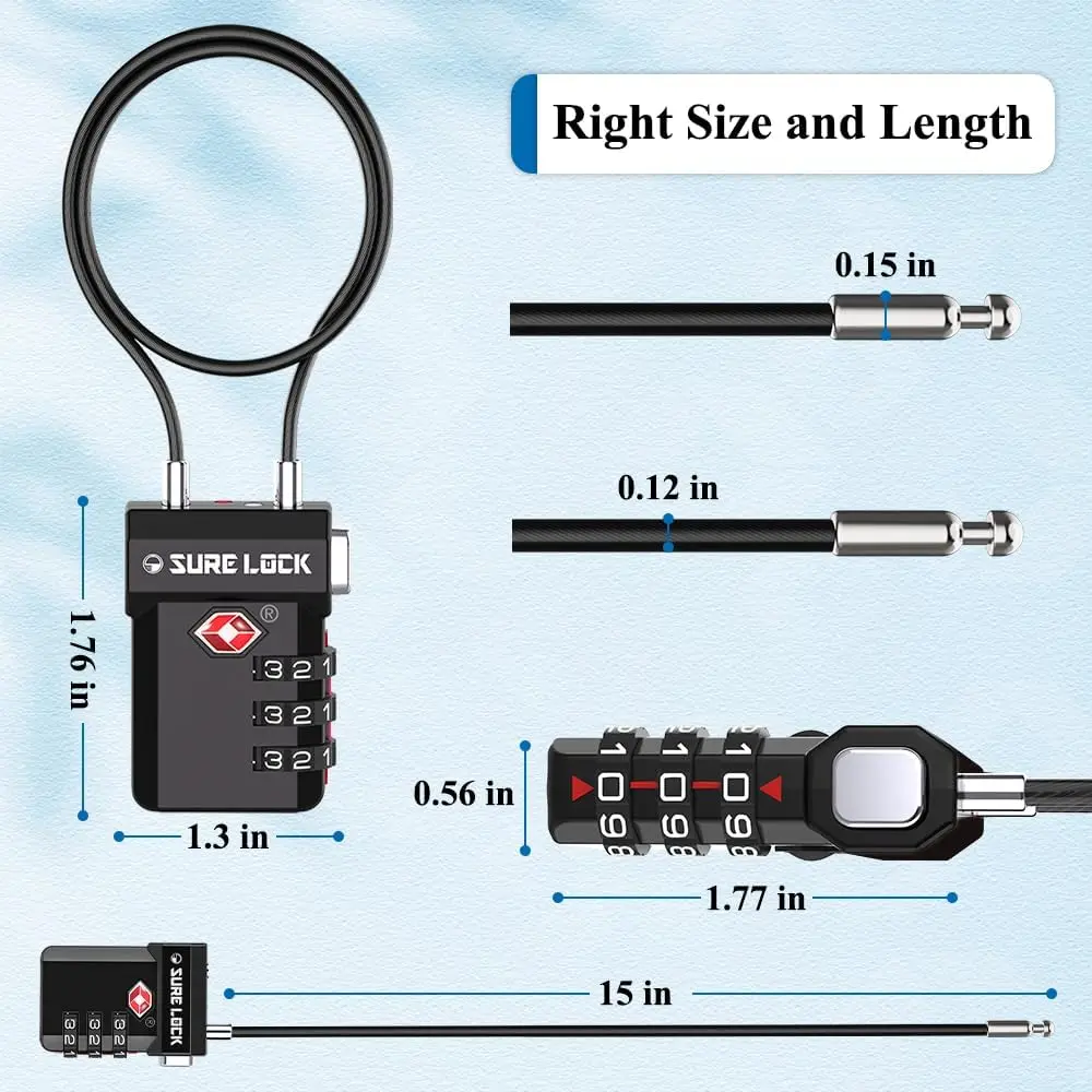 SURE LOCK TSA Luggage Lock, Tough Zinc Alloy 3-Digit Combination with Long Cable, Open Alert Indicator, and Anti-Theft Push Button, Travel Accessory, Tsa Approved Luggage Locks
