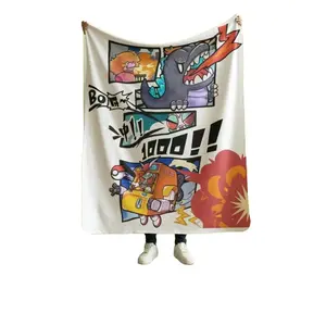 Trendy Cartoon Anime Theme Flannel Blanket with Dynamic Dinosaur Mecha and Comic Texts Soft Warm Bed or Sofa Decoration for Anime Lovers