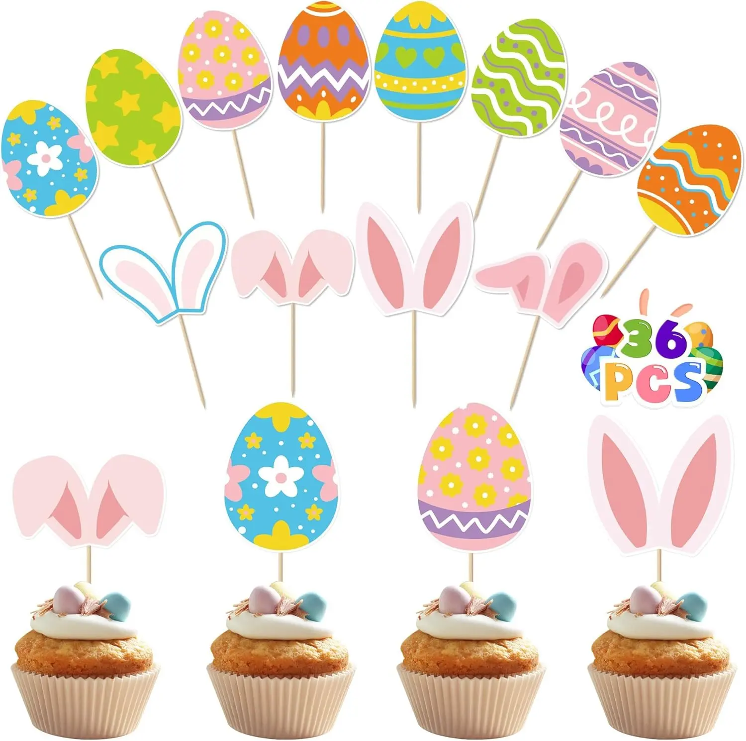 36pcs Easter Cupcake Toppers, 12 Kinds Easter Cake Topper Decorations, Paper Colorful Easter Eggs Bunny Ears Cake Topper Decor, Single Sided Printing Spring Party Desserts Cupcake Topper Decoration