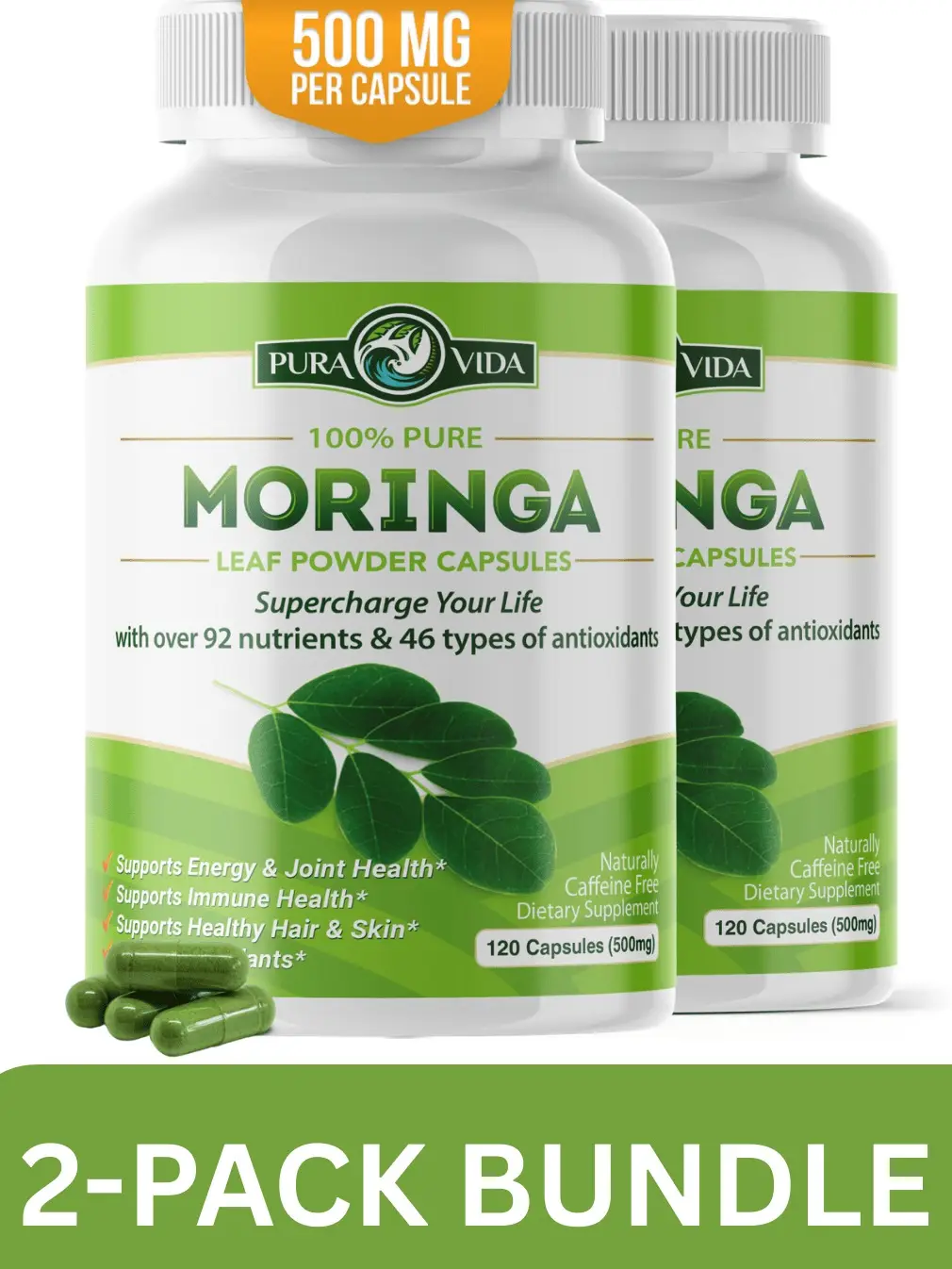 2-Pack Moringa Powder Capsules Organic - Pura Vida  Moringa Leaf. Energy, Metabo...