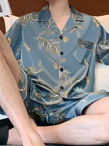 Men's Summer Short Sleeve Ice Silk Sleepwear Set, Pajama Set, Casual Comfortable Two-Piece Home Clothing, Breathable and Soft Fabric