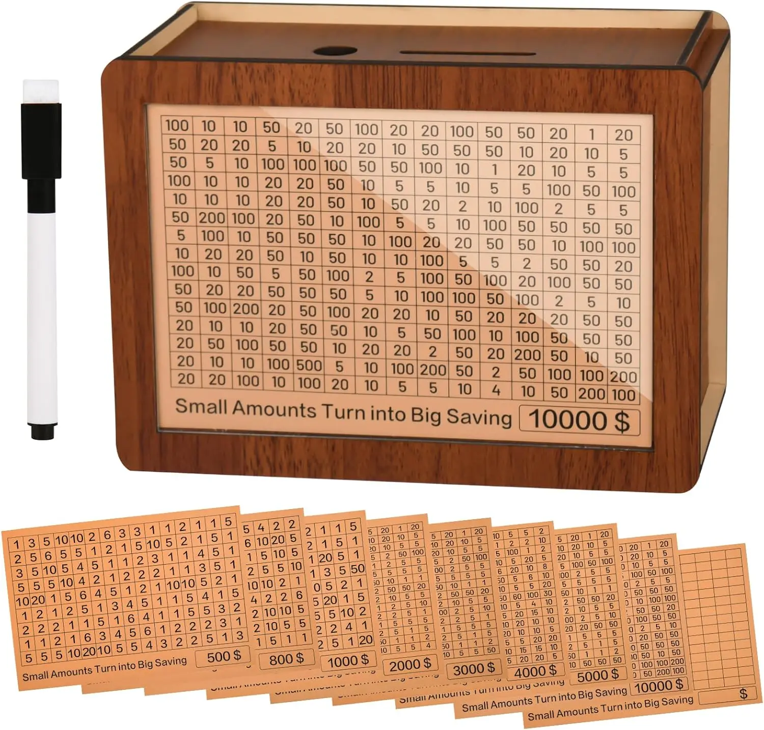 10000 Wooden Money Saving Challenge Box Cash Vault Piggy Bank for Adults Kids Savings Goals Smash Box Saver for Boys and Girls (10 Amounts)