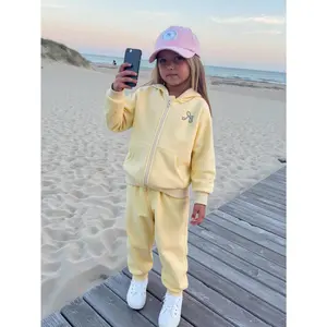 TikTok Trending Girls' Yellow Tracksuit Set 4-7Y  Adorable Toddler & Little Girl Athleisure Wear  Soft Cotton Zip Hoodie & Joggers for Active Princesses Perfect for Beach Vacations & Playtime Fun  Must-Have Kids' Spring Outfit