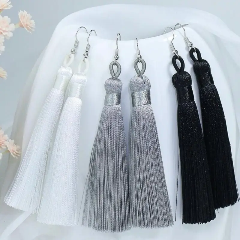 Cadenza - Elegant Tassel Earrings with Long Fringes in White Silver & Black for Unique Expressive Style