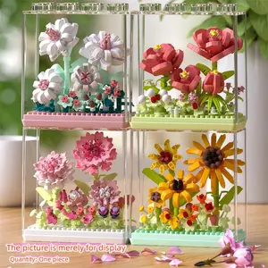 Flower Building Set, Creative Building Blocks, flower bricks, DIY Kits, DIY 3D Garden Model Kit, Handmade Bouquet with Transparent Acrylic Box, ABS Plastic, Home Decor Gift Idea