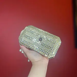 Golden Grid Mobile Clutch - Elegant Gold Color with Rhinestones and Pearl Chain