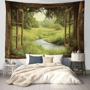 1pc imitation 3D fake window landscape printing craft bedroom aesthetic tapestry suitable for bedroom living room office holiday party background wall decoration, including installation accessories