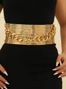 Women's Fashion Chain Decorated PU Leather Wide Belt, Casual Waistband for Jeans, Fashion Belt for Party, Daily Clothing Decor, Trendy All-match & Exquisite Belt for Gift, Chain Belts