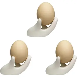 Set of 3 Creative Ceramic Hand Shaped Egg Cup Holder Porcelain Easter Egg Display Stand for Hard Boiled Eggs White
