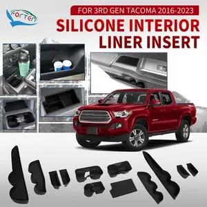 Forten 13 Pcs Custom Fit Silicone Organizer Tray Kit for 3rd Gen Tacoma 2016-2023 Crew Cab Cup Holder Inserts Door Pocket Liners Wireless Charging Pad Anti-Slip Protector Mats Black