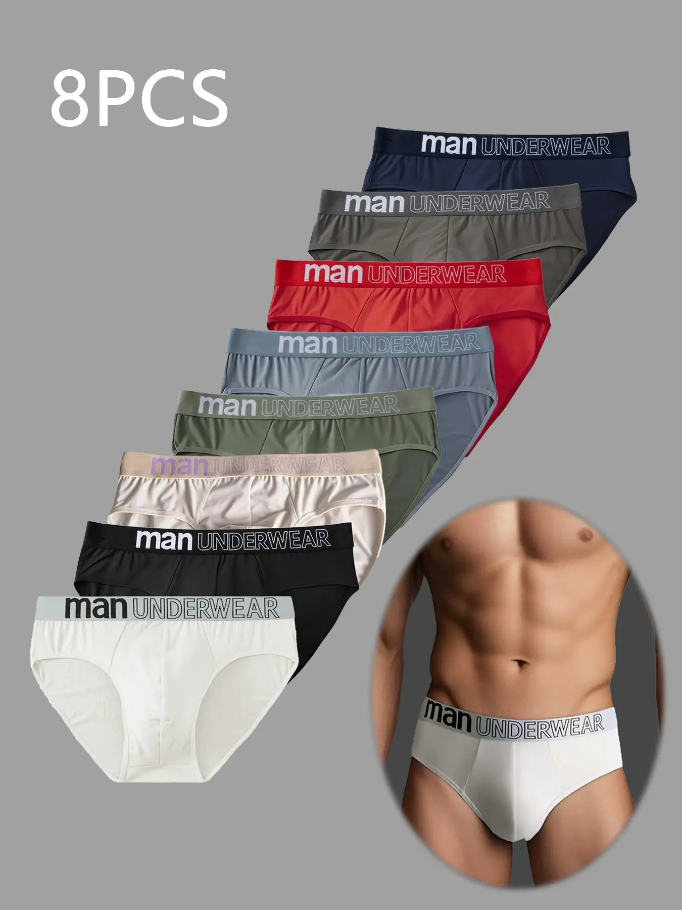Men's 8-Piece Triangle Underwear Set, Casual Fitted Briefs, 8 Different Colors, Comfortable Lightweight Fabric, Breathable for Sleep and Daily Use